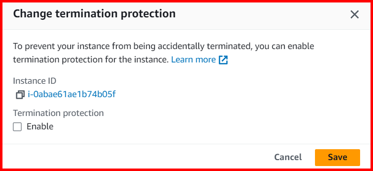 Picture showing enabling the termination protection for existing ec2 instance